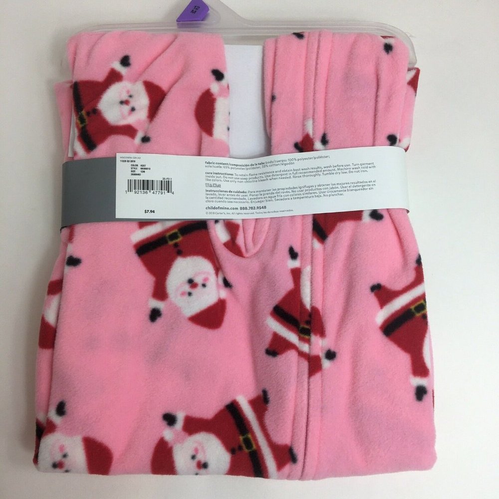 Carters Child of Mine 12 Month Fleece Footed Pajamas Pink Santa Sleeper X-Mas - Picture 10 of 12